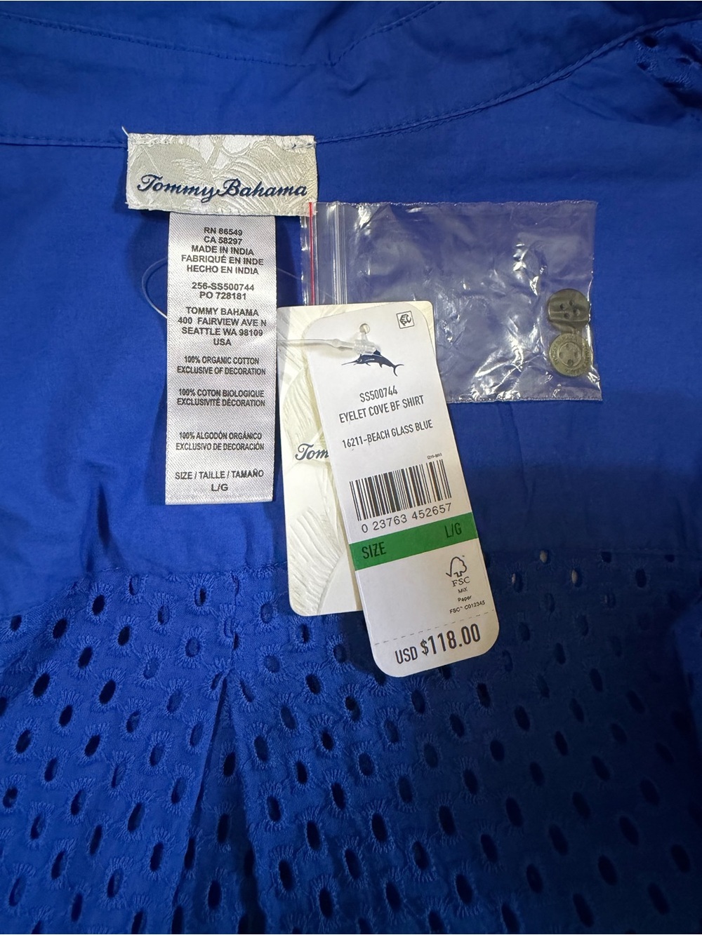 NWT Tommy Bahama Size L Eyelet Cove Boyfriend Shirt Long Sleeves Blue - Picture 12 of 12